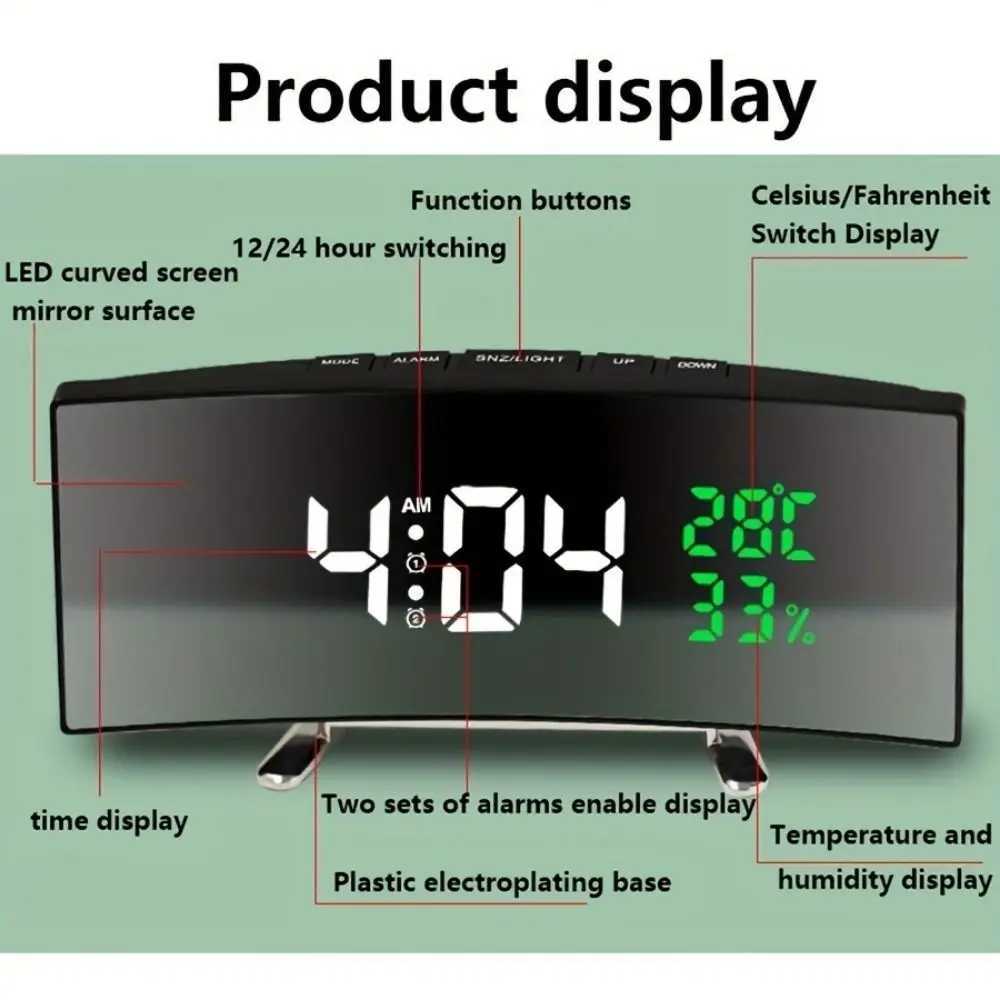 Curved Screen Digital Alarm Clock Large Temperature Humidity Desk Clock Luminous Large Screen LED Digital Clock Indoor Display D260318