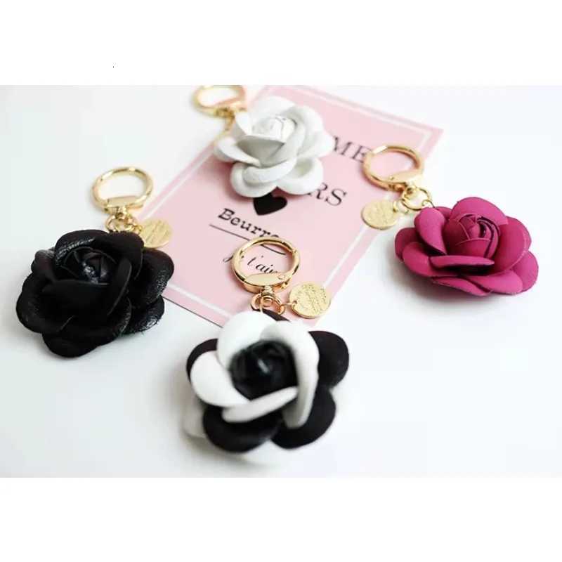 Cute Sweet Synthetic PU Leather Rose Camellia Flowers Keychain For Women Trinket Key Chains Ring Car Bag Pendent Charm D467 H260318 - view 3