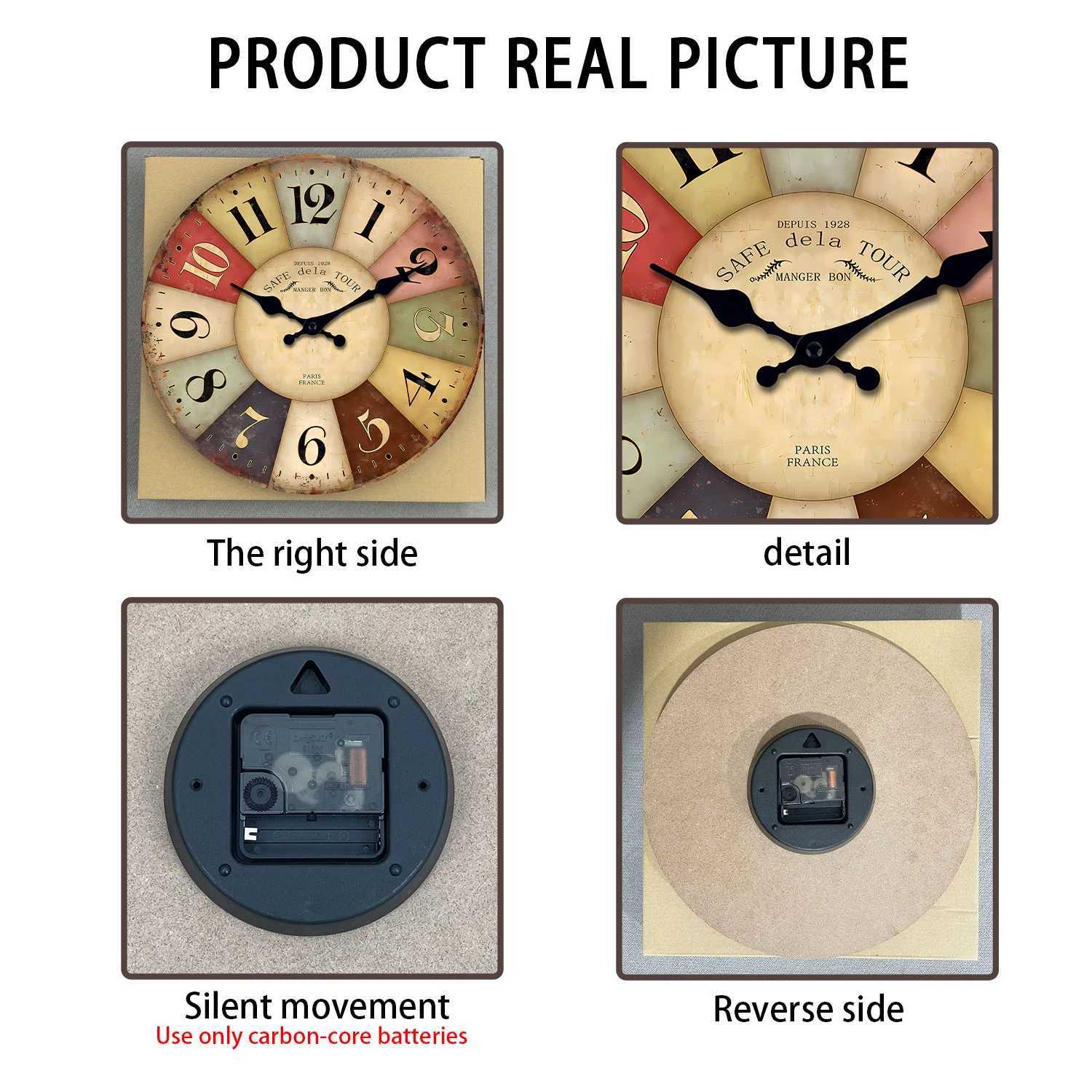 A country retro style colorful square wooden clock wall silent clock home living room kitchen decoration holiday gifts D260318