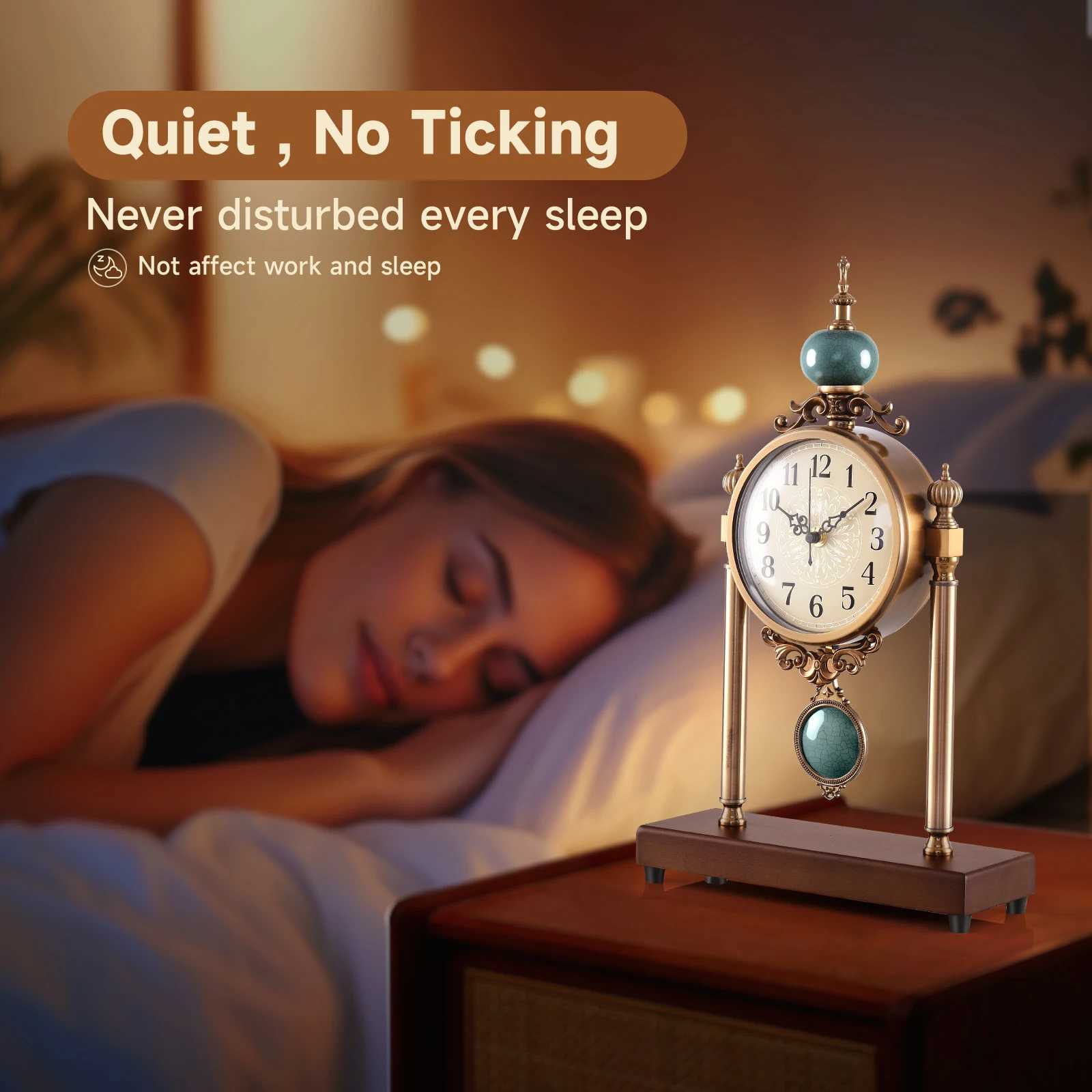 Vintage Fireplace Mantel Clock Silent Retro Desk Clock for Living Room Walnut Base with Metal Surface Antique Shelf Pendulum D260318