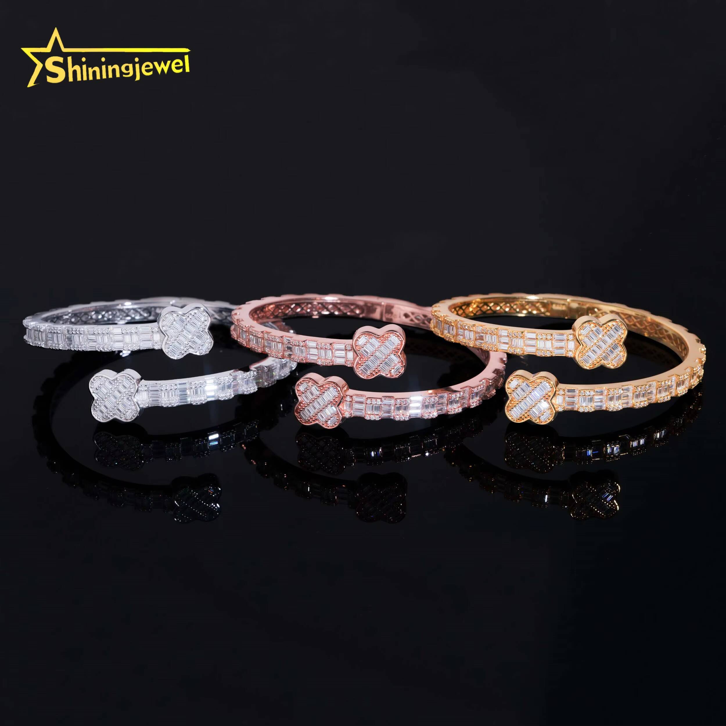 Fast Shipping Fine Jewelry Trendy S925 Silver Gold Plated Hip Hop 4 Clover VVS Baguette Moissanite Diamond Bangle Bracelet