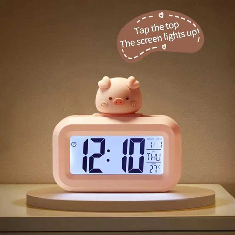 New LED Digital Clock Cute Kawaii Rome Decor Cartoon Pig Alarm Clock with Night Light Room Cute Watch Bedroom Bedside Ornaments D260318