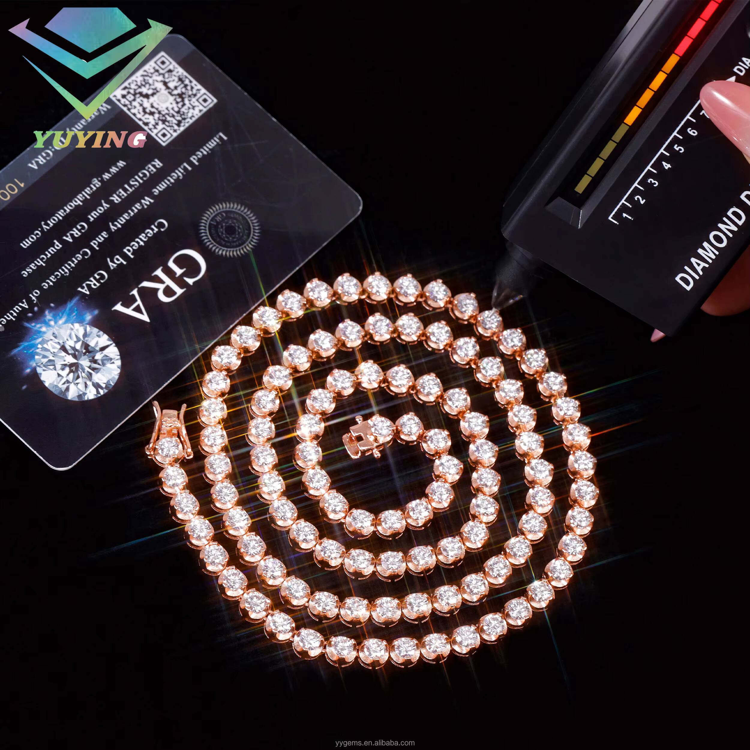 Fashion Customized 3 Prongs Hip Hop Jewelry 4MM Width Gold Plated Bling VVS Round Moissanite Tennis Chain