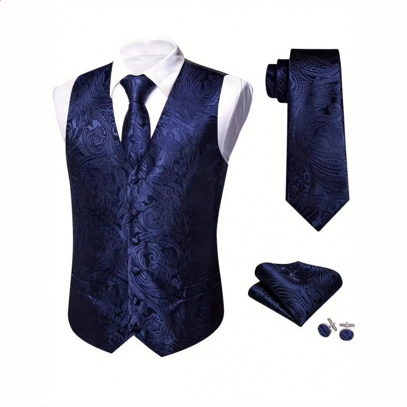 Hi-Tie Solid Voilet Lilac Silk Mens Suit Vest 4PC Woven Waistcoat Tie Pocket Square Cufflink Business Wedding Dress Waist Jacket 240615