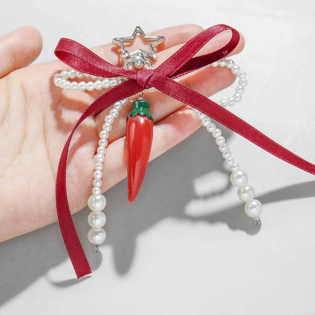 Wine Red Ribbon Cherry Pendants Keychain Women Sweet White Pearl Bow Backpack Key Ring Jewelry Bags Decoration Friendship Gifts H260318 - view 6