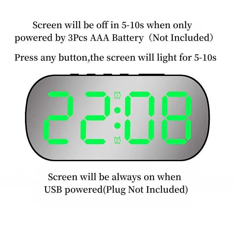 Mirror Digital Alarm Clock Teperature Date Display Night Mode Snooze Table Clock 5 Level Brightness Dual Alarm12/24H LED Clock D260318