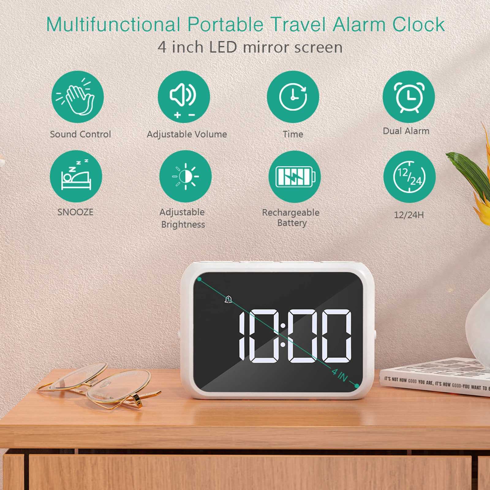 ORIA LED Alarm Clock Mirror Mini Desk Clocks Multifunctional Digital Alarm Snooze with USB Charging for Home Office Trave D260318