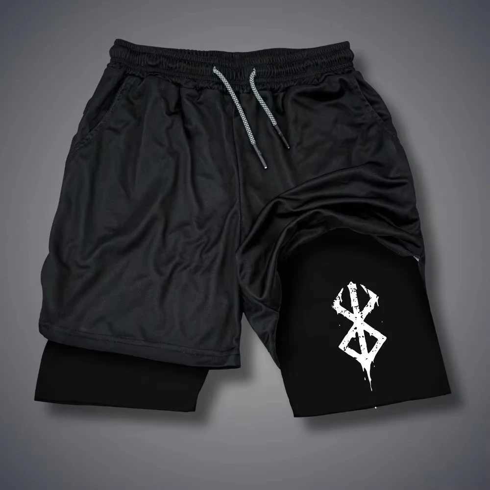 Berserk Anime Printed Double Exercise Shorts Mens Gym Running Quick Drying Outdoor Training Summer 2-in-1 Shorts M260318