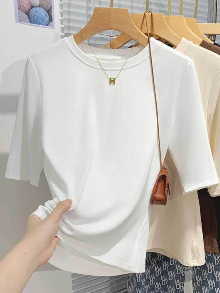 Summer 100 Cotton 2026 Womens T-shirt Bottoming Basic Crew Neck Fashionable Solid Lady Short Sleeve Tops ShirtsT260317