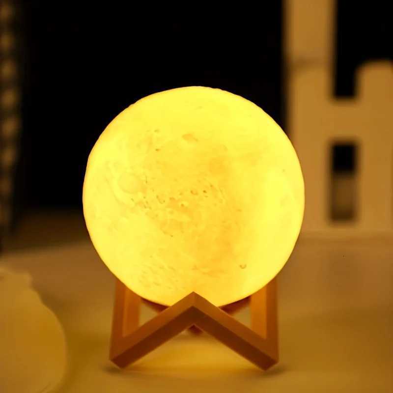 LED night light 3D printed moon lamp 12CM battery-powered with stand starry sky light three-color bedroom decoration gift H260318