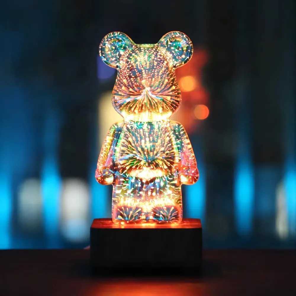 LED Fireworks Lamps 3D Bear Night Light USB Dimmable Projector Colorful Atmosphere Desktop Bedroom Table Decora Lighting Gift H260318