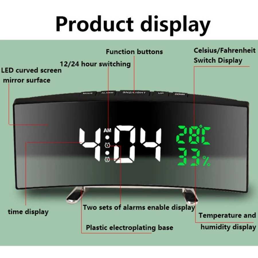 Curved Screen Digital Alarm Clock Temperature Date 2 Levels Brightness Adjustment Snooze Table Clock 12/24H Night Mode LED Clock D260318