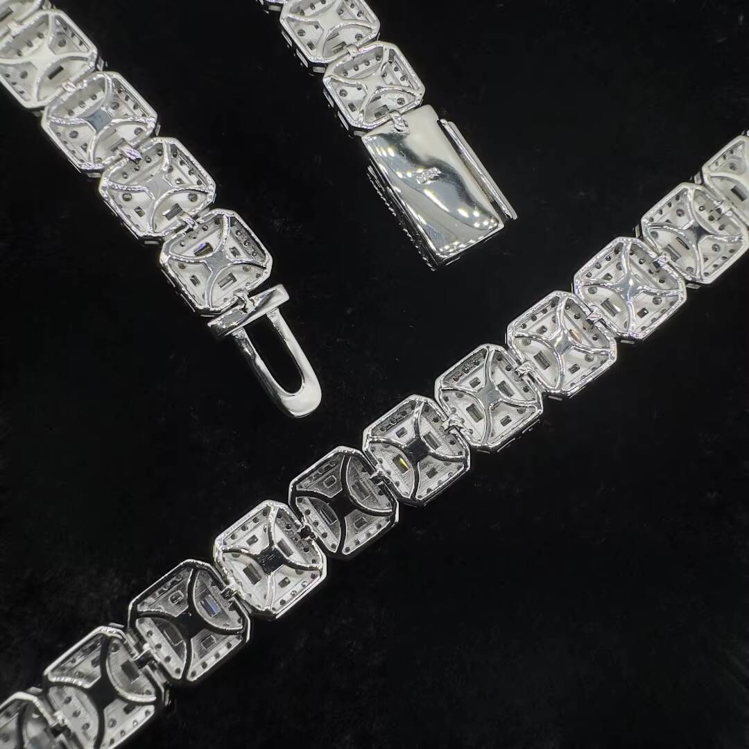 Fashion Jewelry 10mm/12mm Silver Chain Necklace Moissanite Hiphop Rock-Candy Tennis Necklace with Square Tennis Moissanite Chain