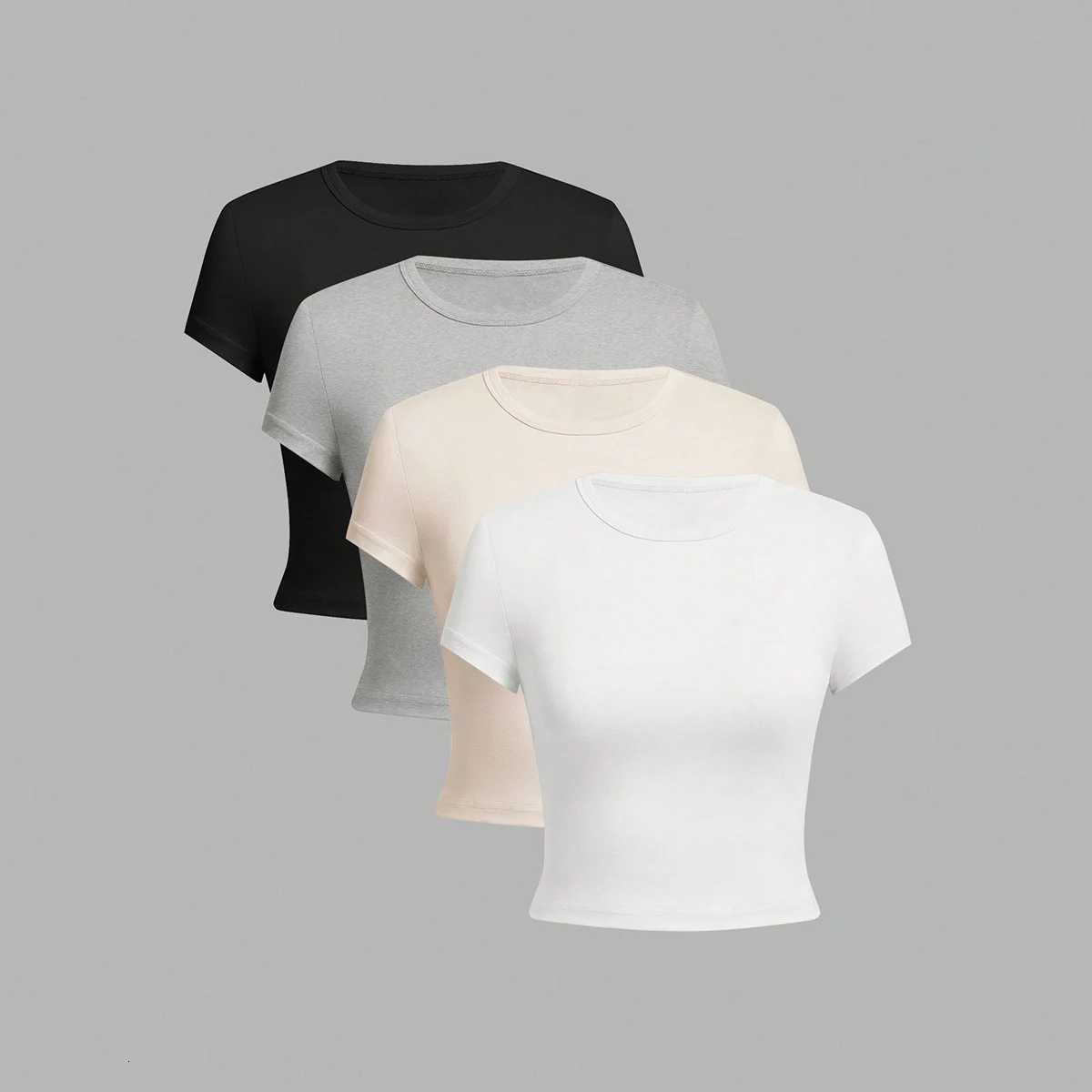 4 pieces Solid color basic short sleeved tight fitting T-shirt for womens casual summer minimalist womens style top O-neckT260317