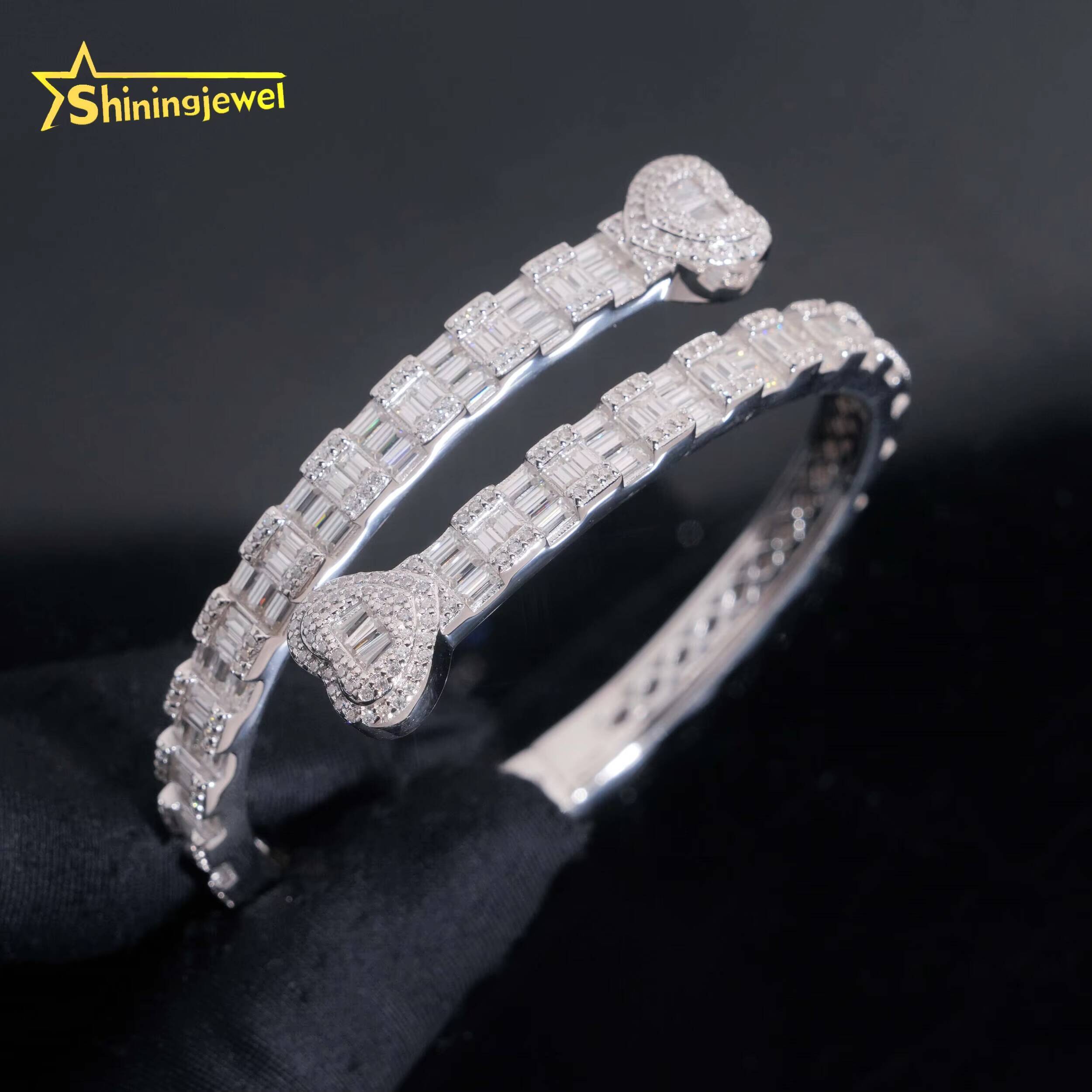 Solid 925 Silver Gold Plated VVS Baguette Moissanite Diamond Heart Bangle Bracelets Fashion Jewelry Pass Diamond Tester