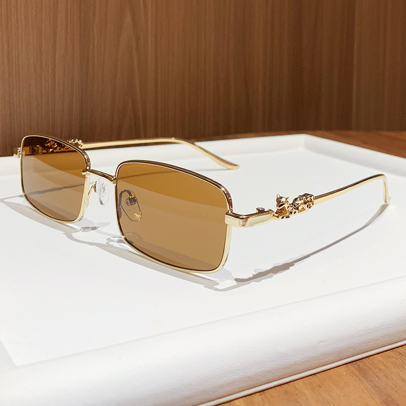 Luxury Brand Designer Sunglasses New European And American Trendy Full-Rim Sunglasses For Men, Metal Leopard Head Square Frame Sunglasses For Women, C