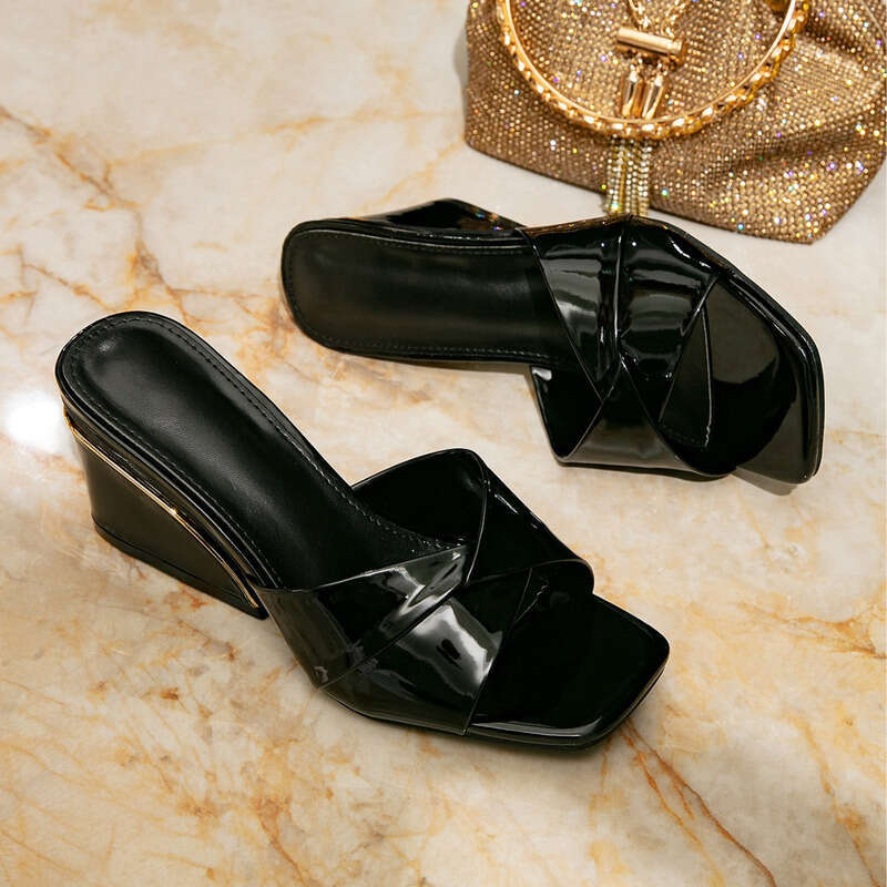 Free 677 shipping high-heeled sandals, summer 2026 new model, popular wedge heel, fashionable square toe, versatile casual women's shoes - view 4