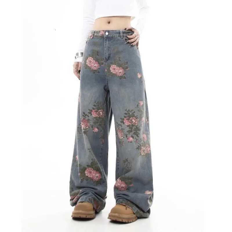 Womens Blue Flower Baggy Jeans Y2K Japanese Harajuku High Street Aesthetic High Waist Wide Leg Retro Jeans Pants Clothing 2025T260317