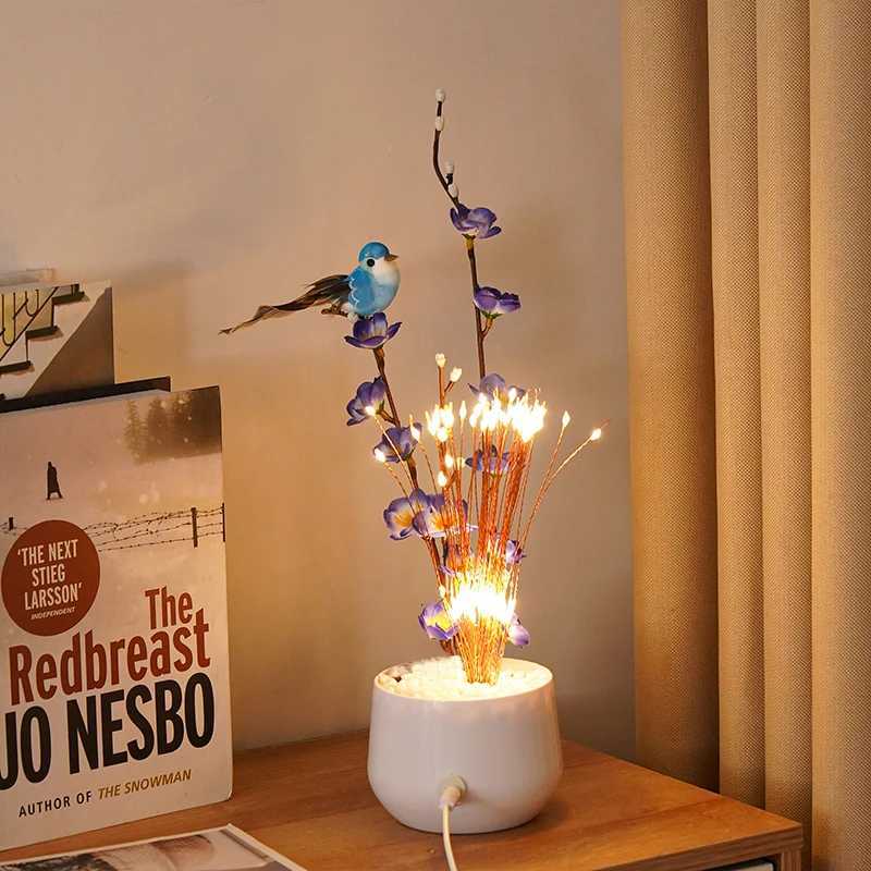 LED Flower and Bird Potted Lamp Artificial Flower Table Lights for Camping Gift Living Room Bedroom Mother Home Decor Lamp H260318