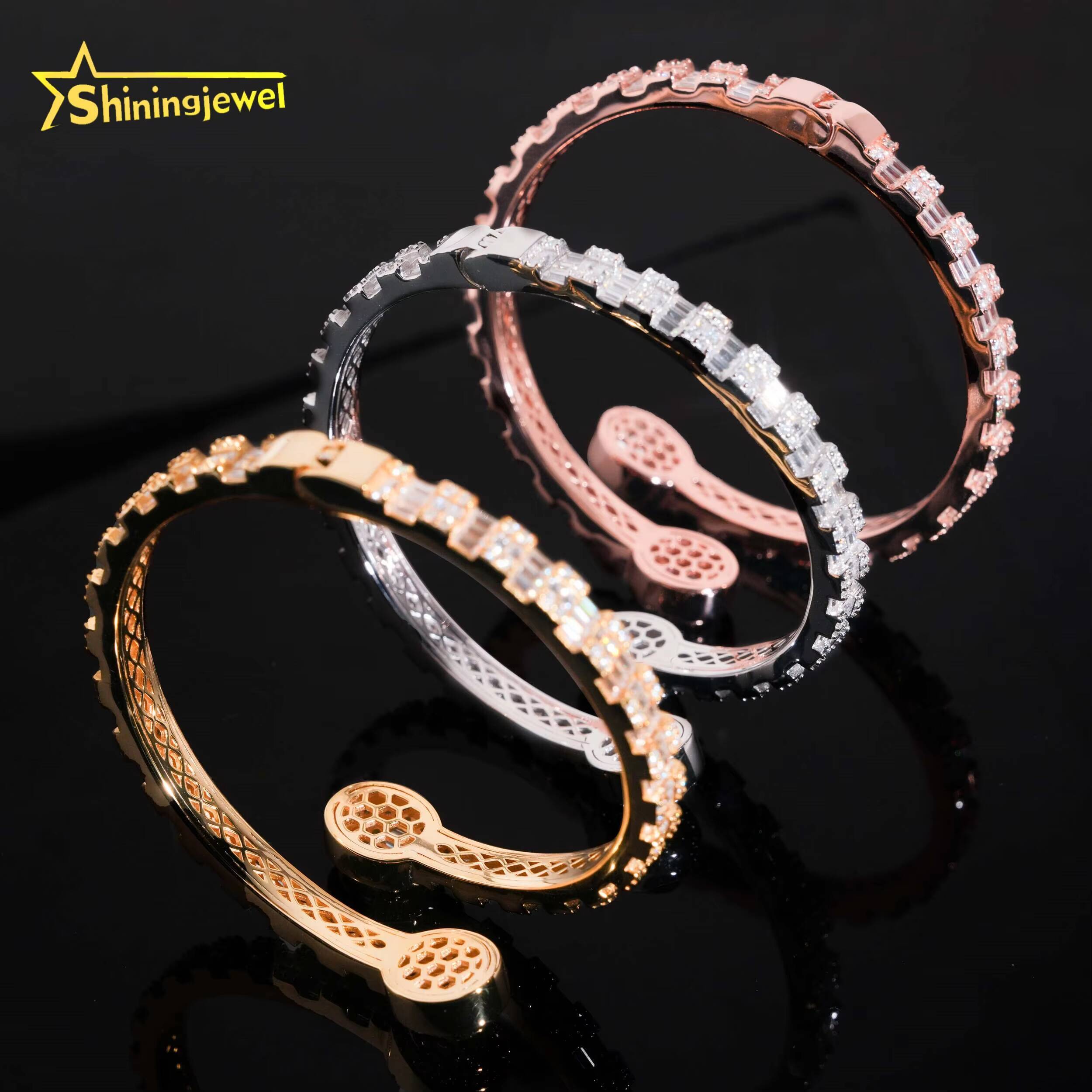 Pass Tester 925 Sterling Silver Hip Hop Jewelry Iced Out Baguette Moissanite Diamond Oval Shape Bracelet Bangle