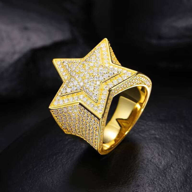 Hip Hop Fashion S925 Sterling Silver Mens VVS D Color Moissanite Ring with Five-Pointed Star Iced Style