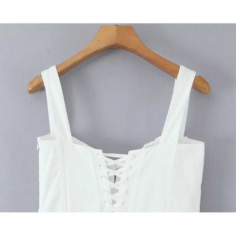 YENKYE Sexy Lace Up Bandage Back Elegant White Sling Dress Women Front Button A-line Cotton Corset Style Summer Dress Midi Robe L260305 - view 7