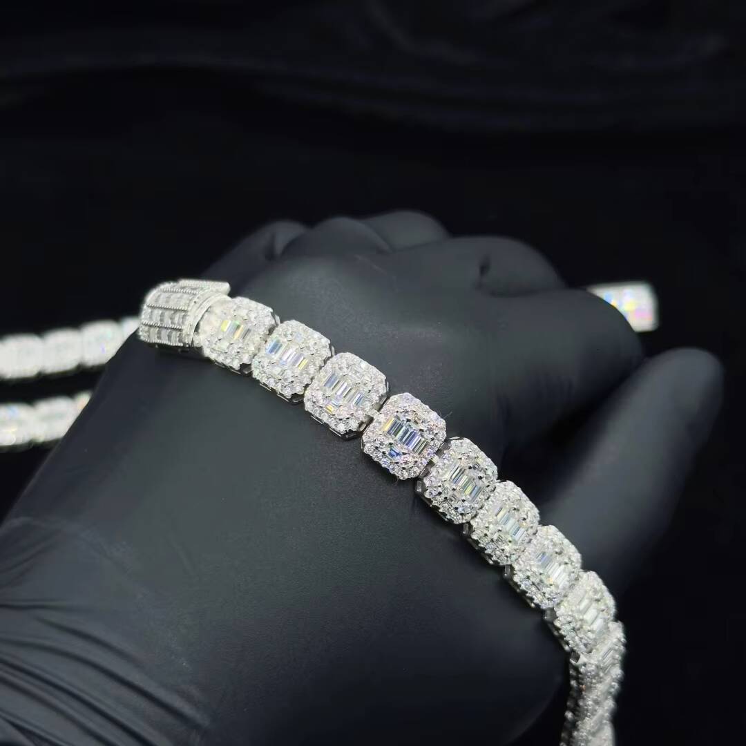 Fashion Jewelry 10mm/12mm Silver Chain Necklace Moissanite Hiphop Rock-Candy Tennis Necklace with Square Tennis Moissanite Chain