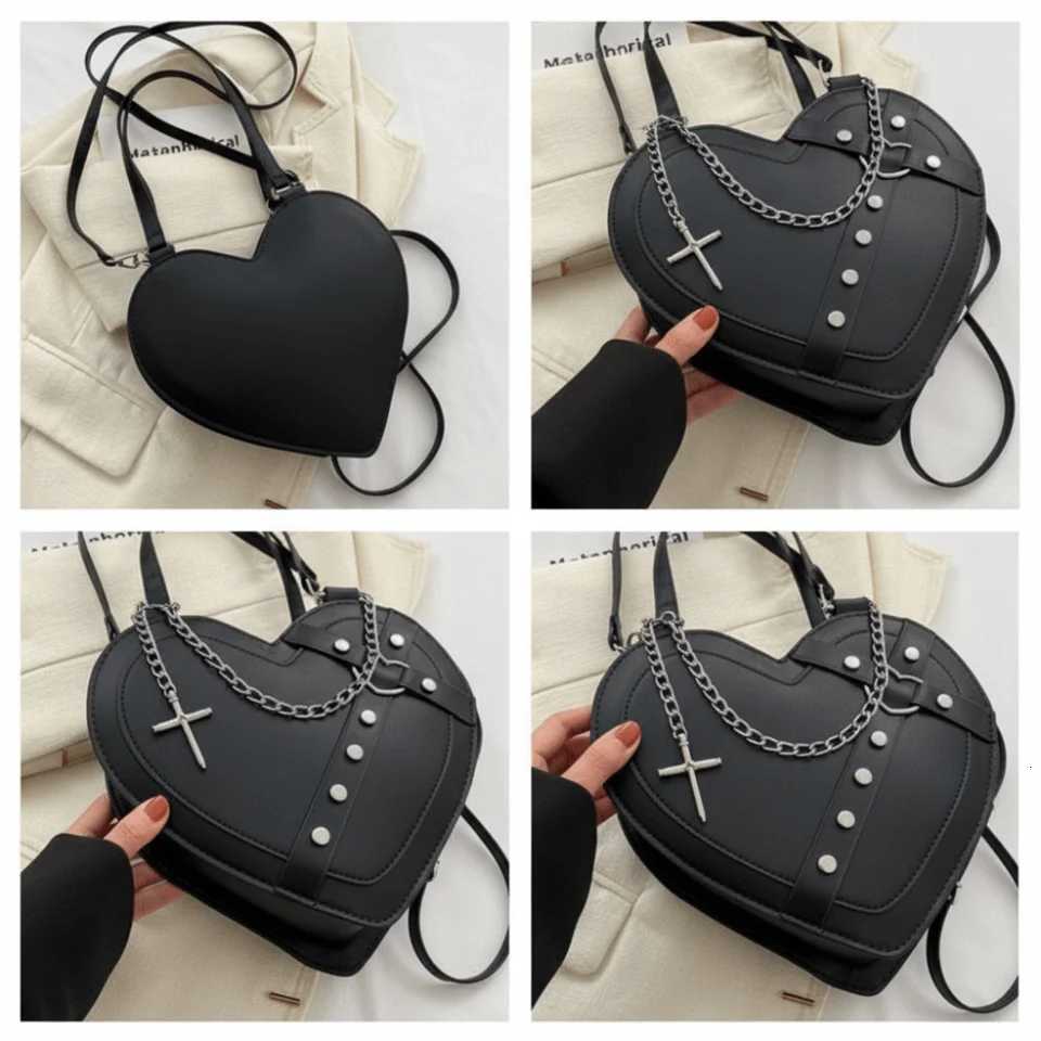 Y2K PU Leather Black Shoulder Bag Chain Rivet Large Capacity Gothic Tote Bag Portable Heart Shaped Women Crossbody Bag GirlsZ260317