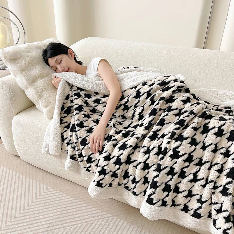 Houndstooth Pattern Spring Autumn Warm Fleece Cozy Office Naps Sofa Bed Throw Blankets Jacquard Soft Plush Blanket