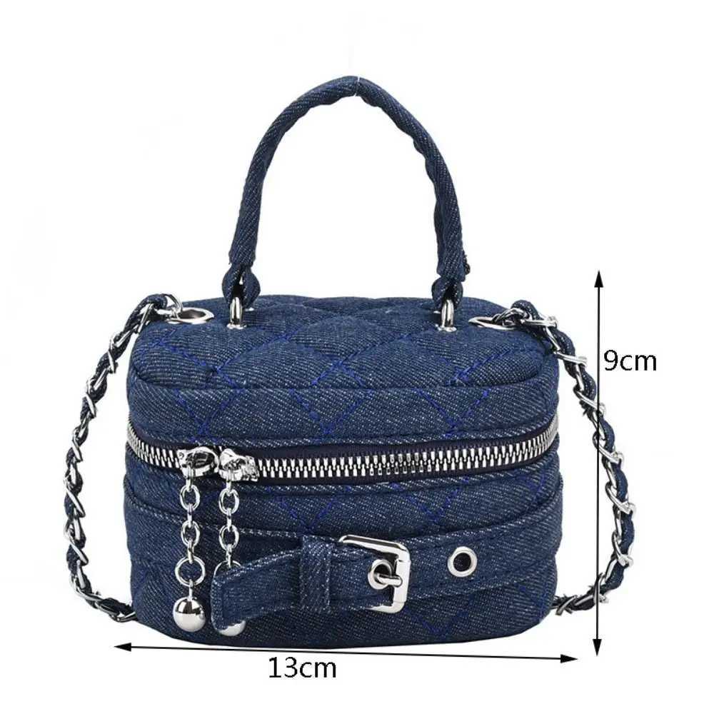 New Large Capacity Bucket Small Bag Portable Denim Lipstick Accessory Bag Blue zipper Denim Chain Bag WomenZ260317