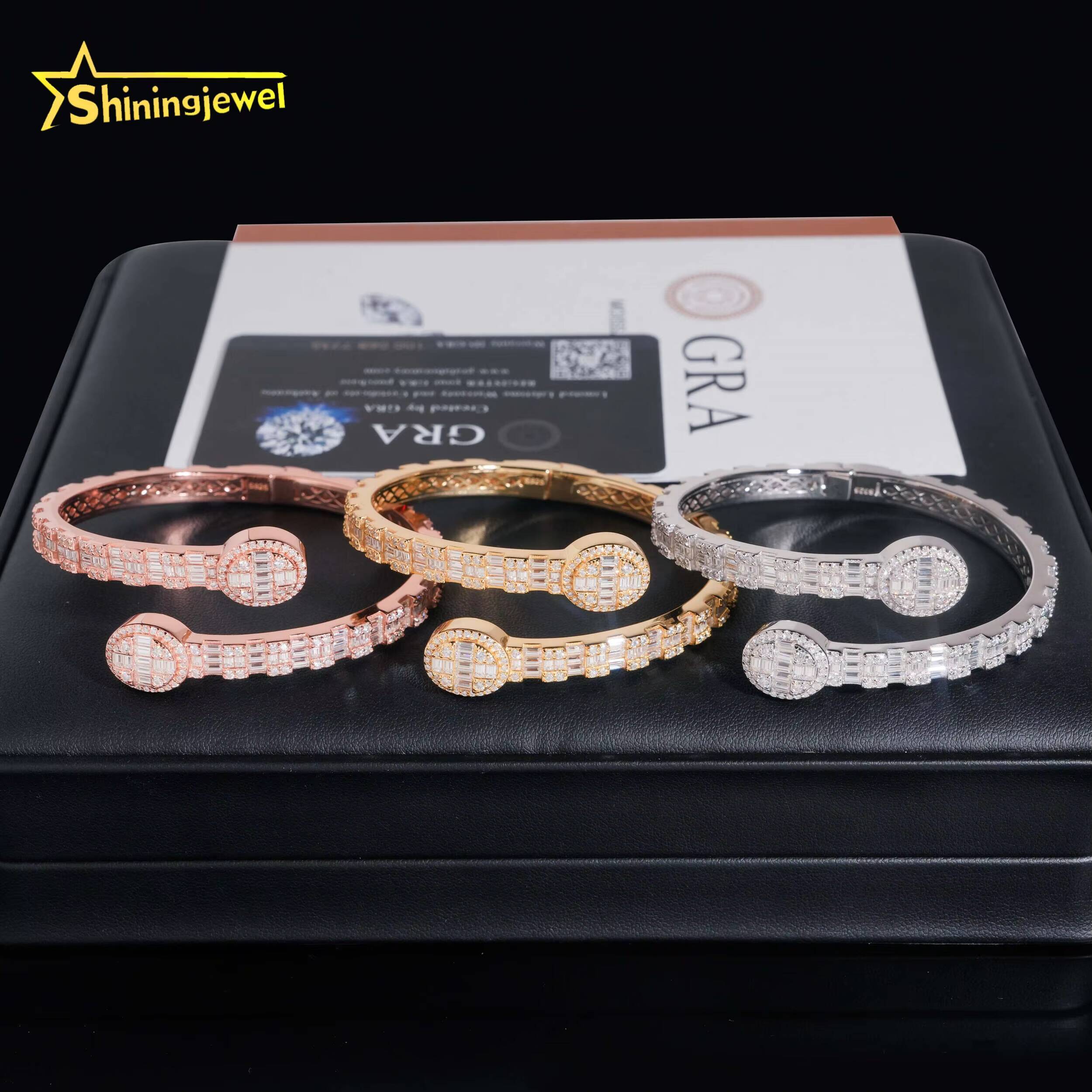 Pass Tester 925 Sterling Silver Hip Hop Jewelry Iced Out Baguette Moissanite Diamond Oval Shape Bracelet Bangle
