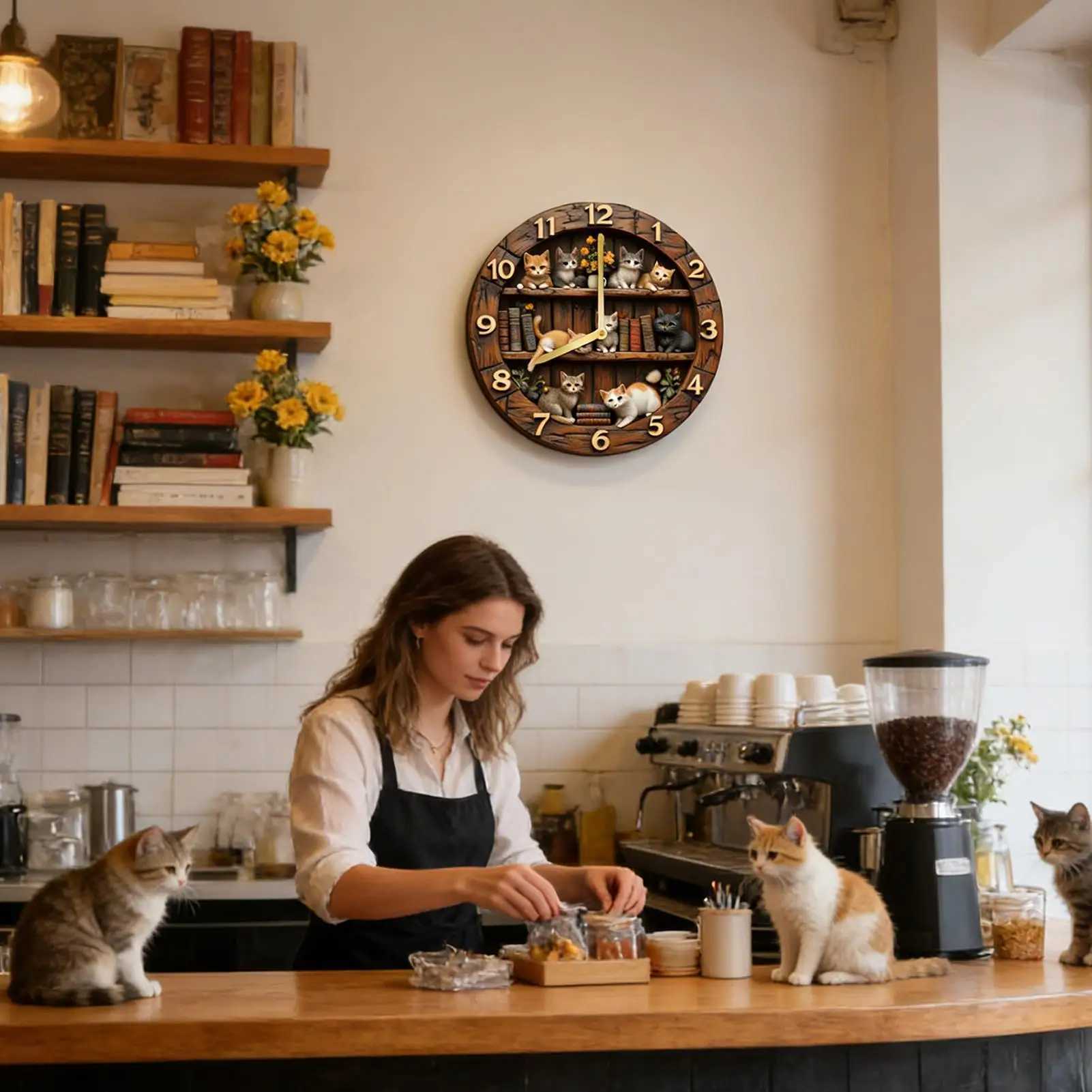 Cat Theme Wooden Wall Clock 12 Inch Cute Animal Decoration for Living Room Bedroom Farmhouse Home Office Decor Silent Clock D260318