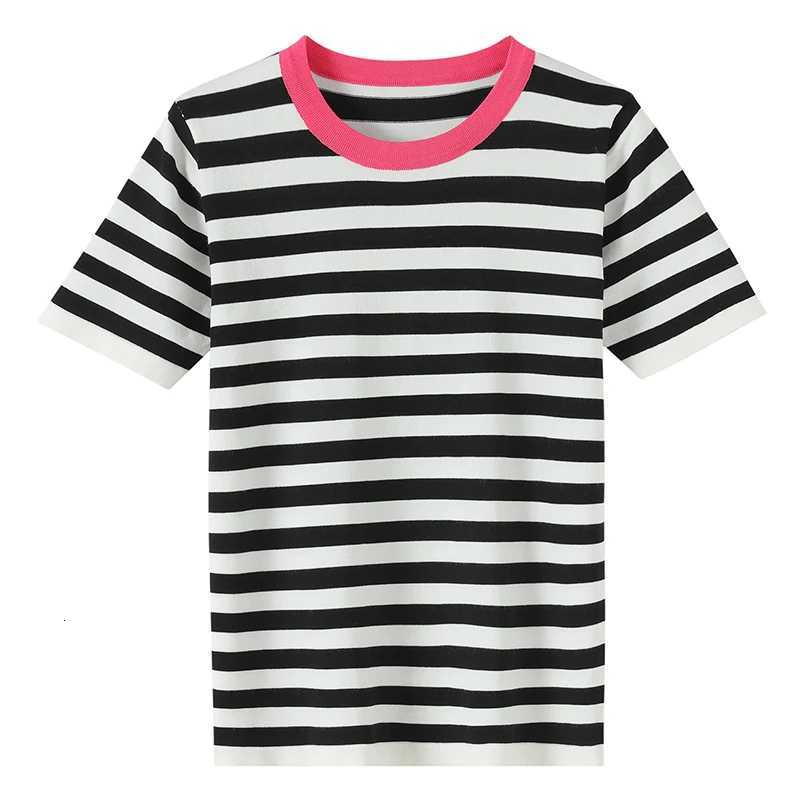 Summer New Short-sleeved Women O-Neck Slim 100 Cotton Striped Pullover Vest T-shirt Knitted Base Casual Comfortable SweaterT260317