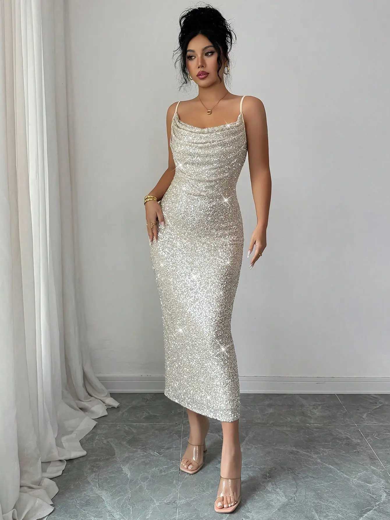 Sparkly Sequin Spaghetti Strap Draped Neck Ruched Midi Dress for PartyXJ260318
