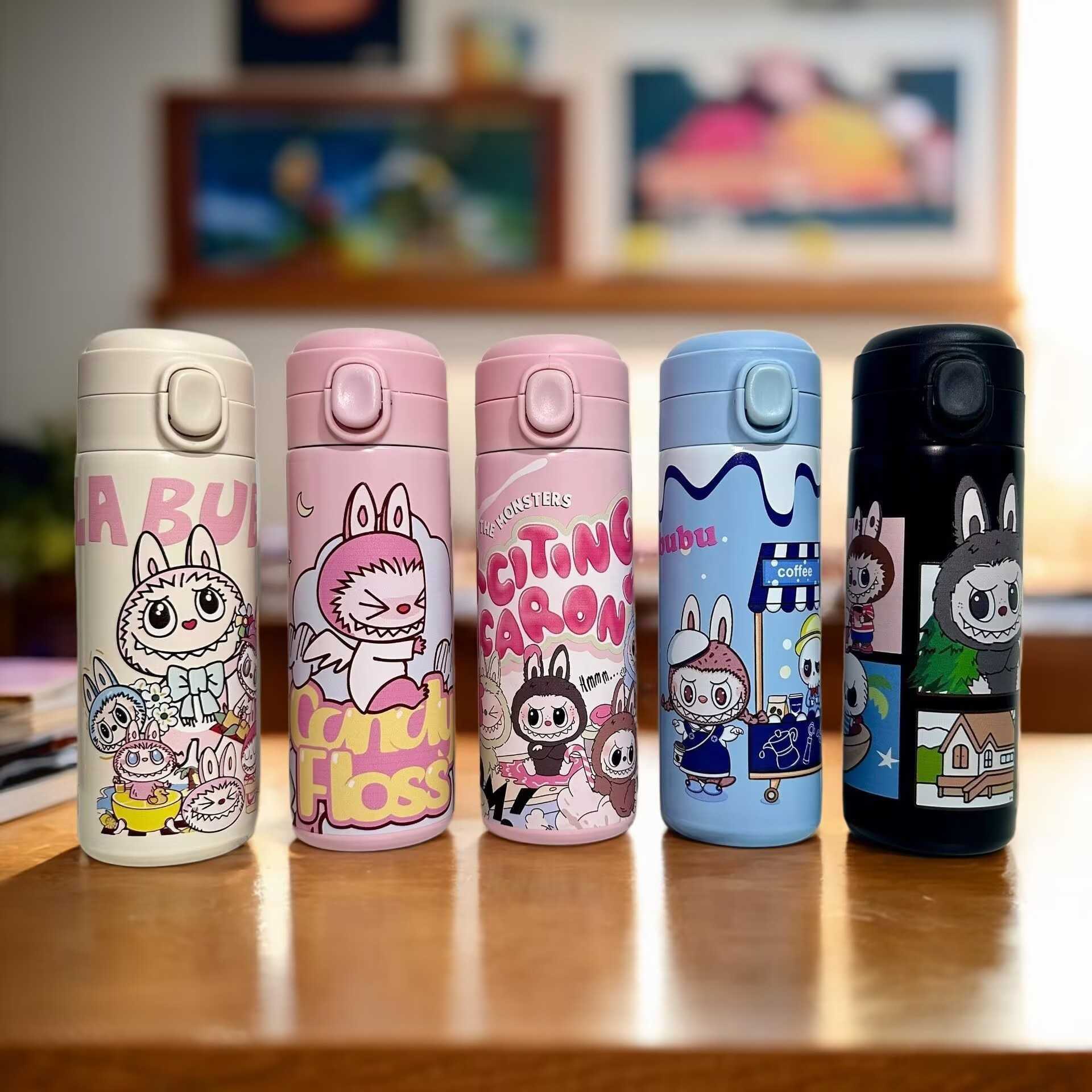 2025 Hot-Selling Labubu Cartoon Snap Button Insulated Vacuum Pea Cup Straw Cup 304 Stainless Steel L2512129PBD