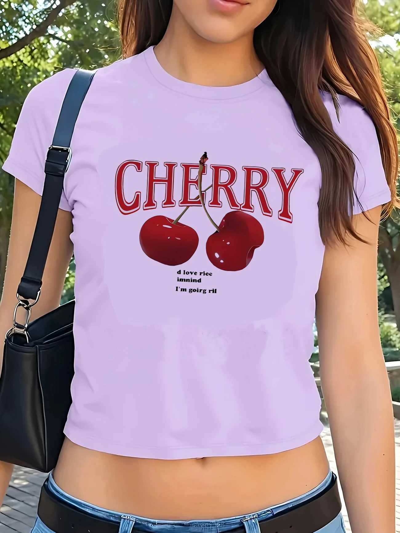 Fashion Cherry Print Crew Neck T-shirt Y2K Short Sleeve Tight Fit Crop Top Spring Summer Womens ClothingT260317