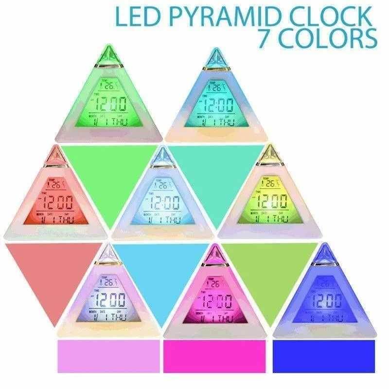 Pyramid Shape Multifunction LED Backlight Digital Display Time Thermometer Calendar Alarm Clock Table Desk Clock D260318