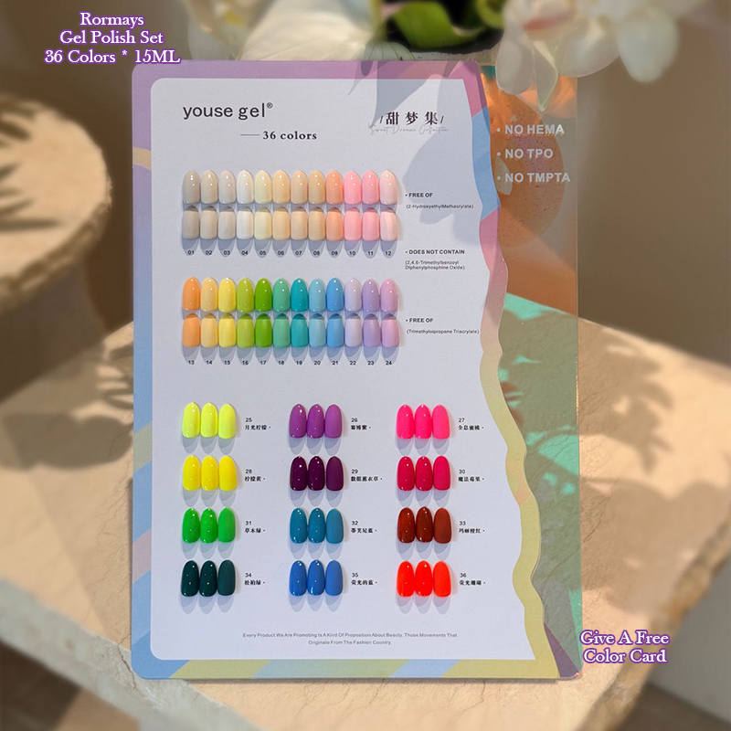 Youse Gel Sweet Dreams Collection 36 Colors Macaron Candy Fluorescent Neon Gel Nail Polish Set, Soak Off UV LED for Nail Art DIY
