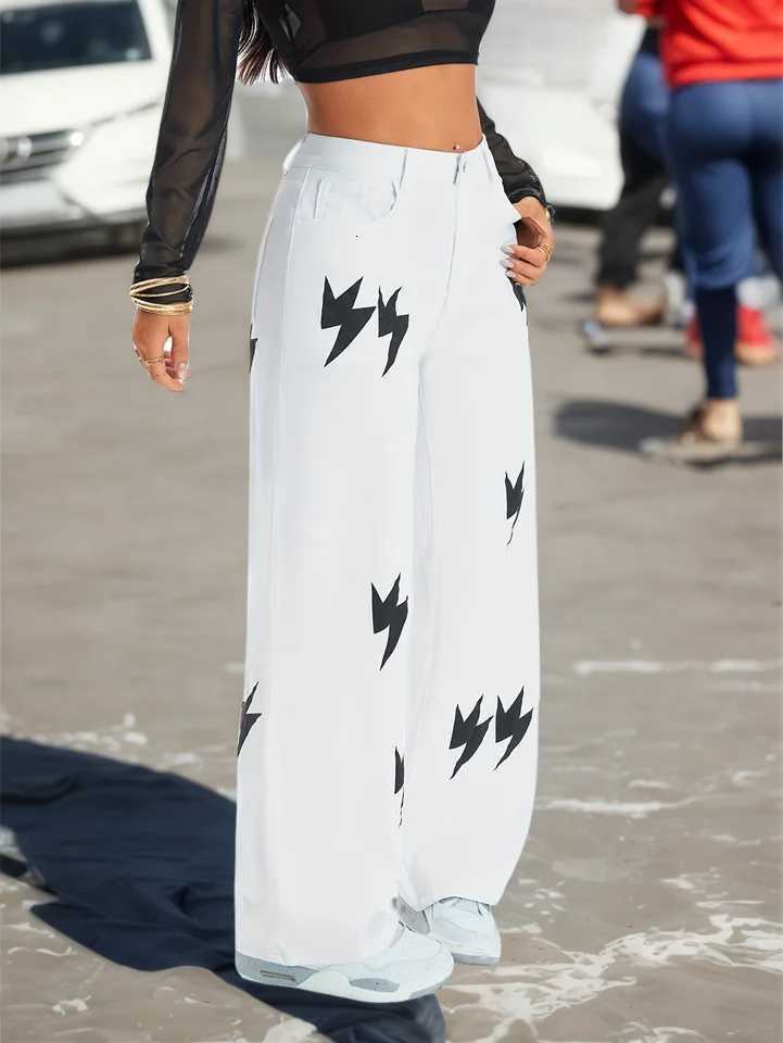 Womens High Waist Straight Denim Look Pants Retro Casual Stretch Printed Trousers Comfortable Fit Classic StyleT260317