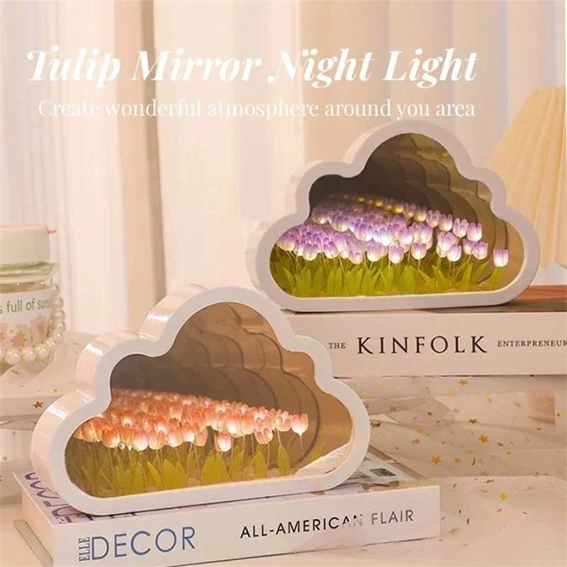 Handmade DIY Tulip Flower Sea Night Atmosphere Lamp Clouds Tulip Lamp LED Night Light Mirror Table Lamp Bedroom Decor Lights H260318