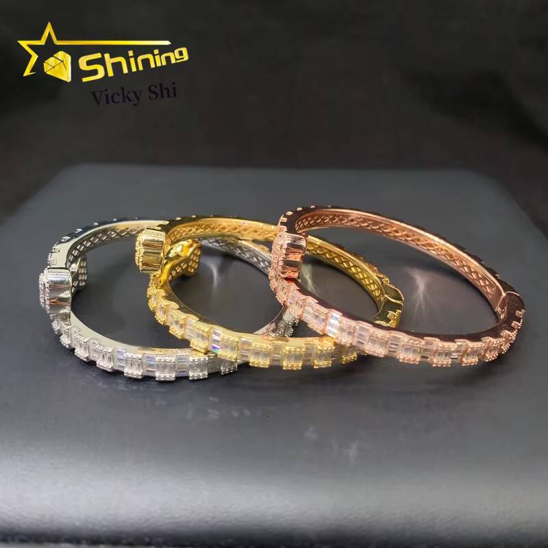 Shining New Double Heart Style Bangle Iced Out Bracelet Moissanite S925 Silver Baguette Moissanite Diamond Bracelet