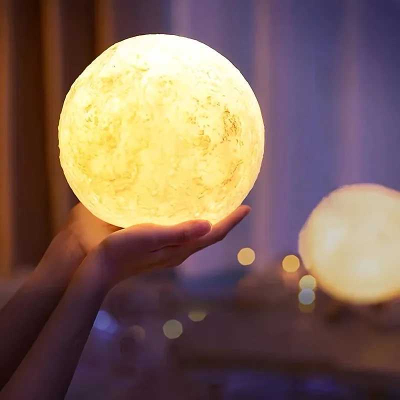 LED night light 3D printed moon lamp 12CM battery-powered with stand starry sky light three-color bedroom decoration gift H260318