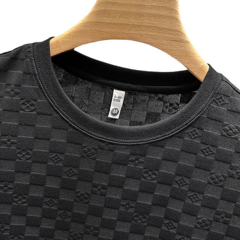 Luxury Brand Designer Clothes 2025 High-End European-Style Plaid Pattern Short-Sleeve Shirt For Men, Light Luxury, Elegant, Solid Color, Casual Round-