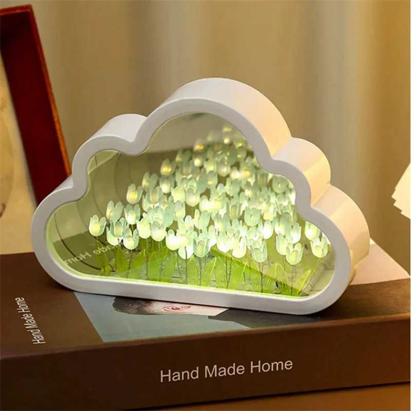 Handmade DIY Tulip Flower Sea Night Atmosphere Lamp Clouds Tulip Lamp LED Night Light Mirror Table Lamp Bedroom Decor Lights H260318