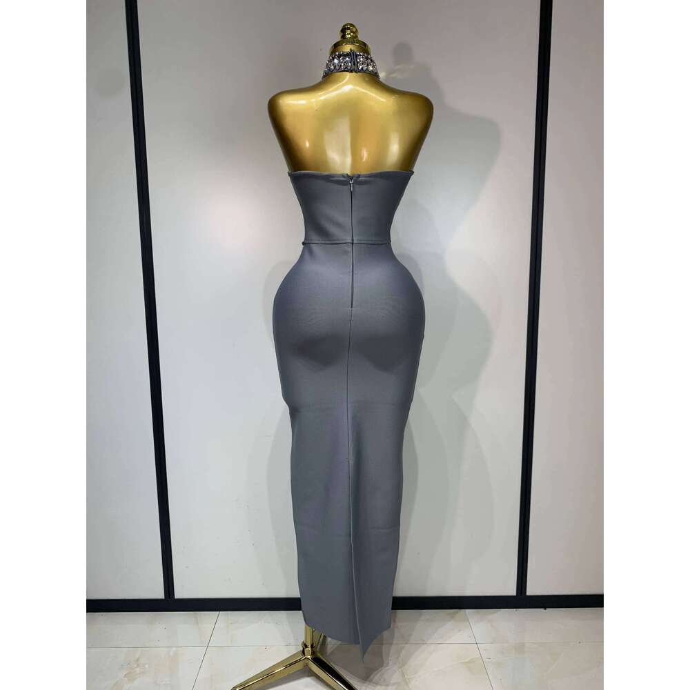 High Quality Strapless Beading With Necklace Bandage Dress Celebrity Elegant Evening Party Fancy Club Birthday Dresses Gowns Dress Elegant