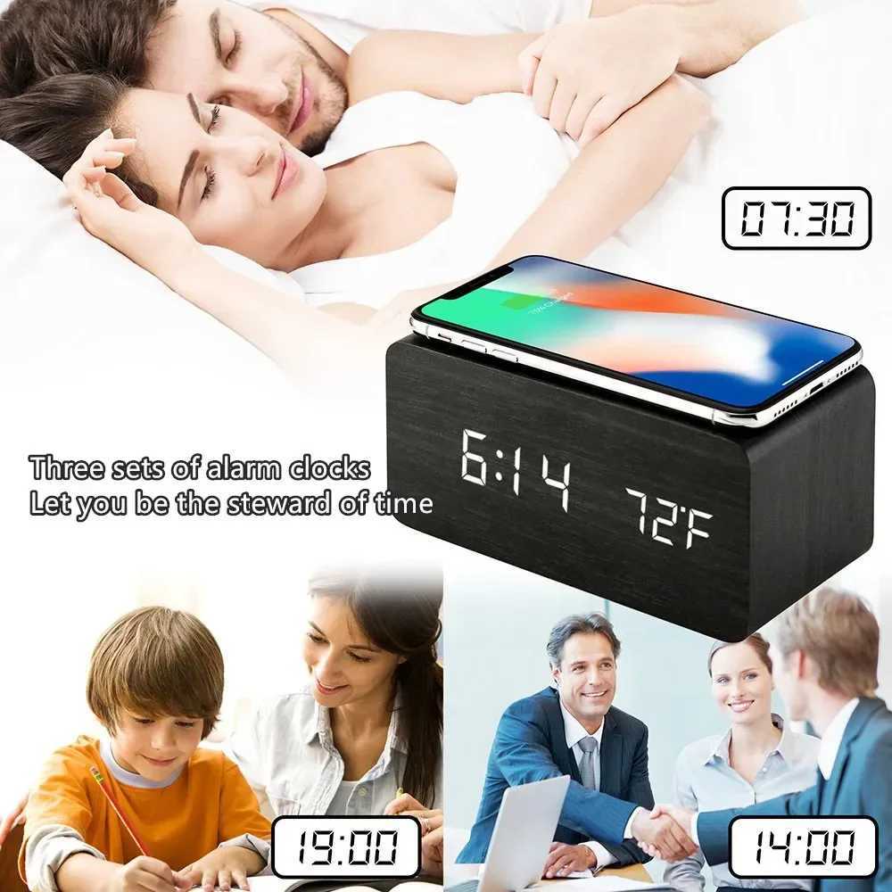 Alarm Clock LED Digital Wooden USB/AAA Powered Table Watch with Temperature Wireless Charging Electronic Desk Clocks D260318