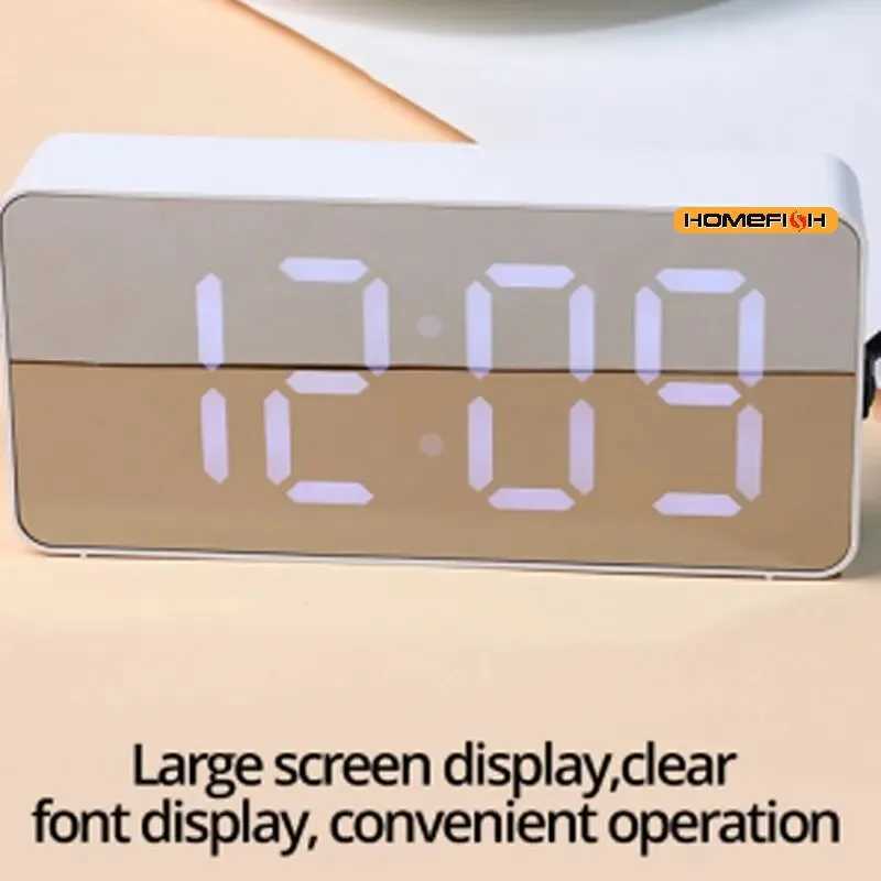 1Pc White LED Mirror Table Clock Snooze Display Time Night Light Desktop USB Alarm Clock Home Decor D260318
