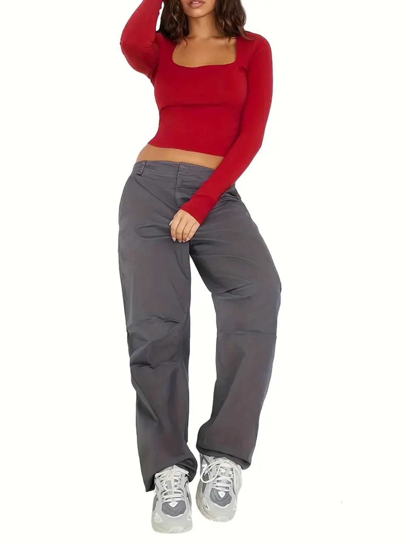 Womens Slim Fit Crop Tops Long Sleeve Square Neck Solid Color T-Shirt Dressy BlousesT260317