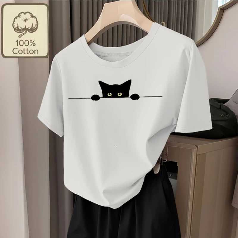 Black Cat Peeping Printed WomenCasual Round Neck Short Sleeved Cat Printed Pure Cotton T-shirt Fashionable and Comfortable ShirtT260317