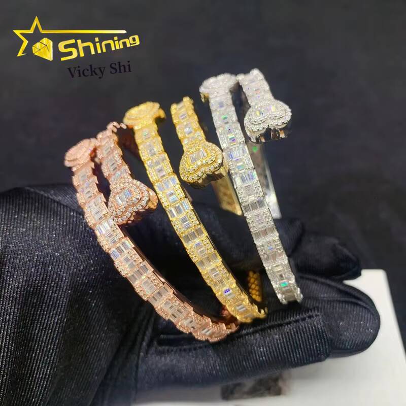 Shining New Double Heart Style Bangle Iced Out Bracelet Moissanite S925 Silver Baguette Moissanite Diamond Bracelet